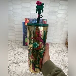 Starbucks 2024 Gold Metallic Floral with Reindeer Straw Topper. NWT. Festive!